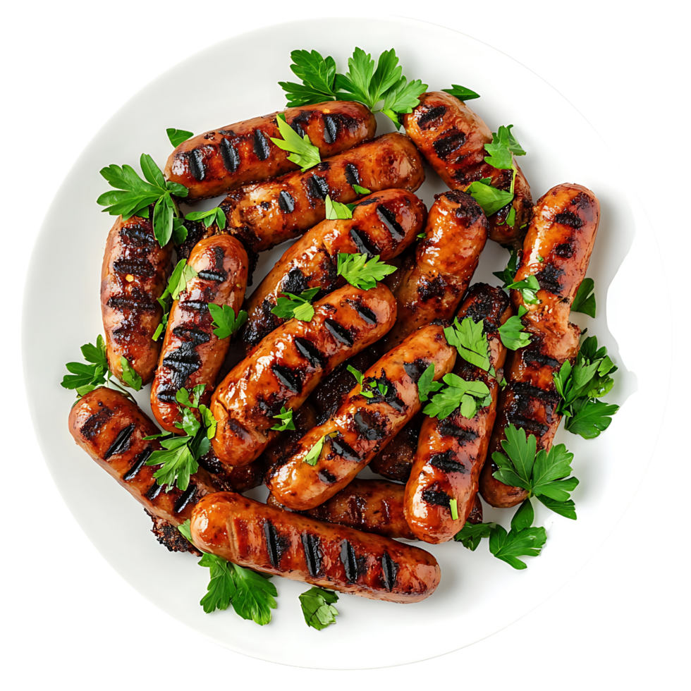 Grilled Sausages and Fresh Herbs on a Neat Plate Isolated on Transparent Background png
