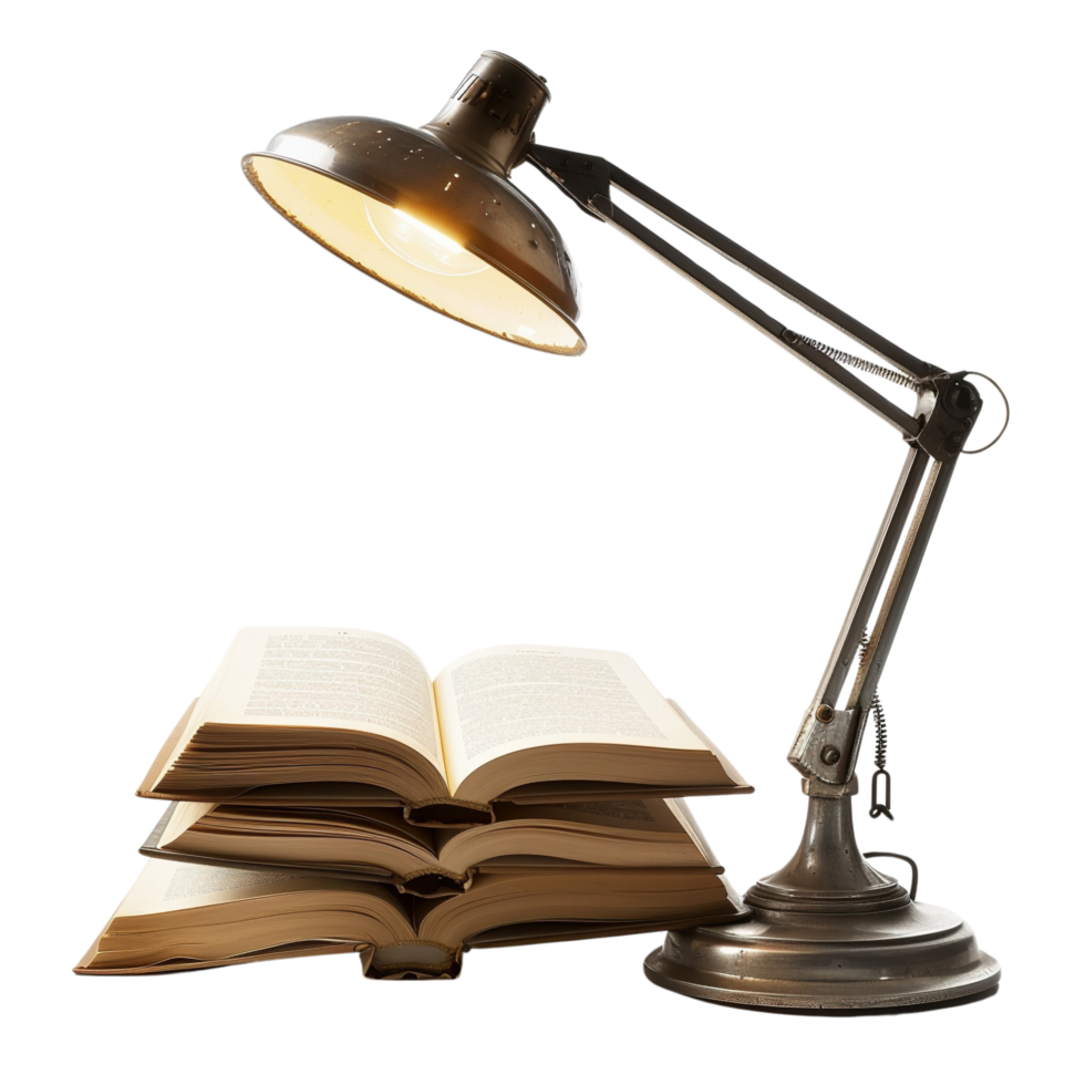 Vintage Study Lamp with Open Books for Learning, Isolated on Transparent Background png