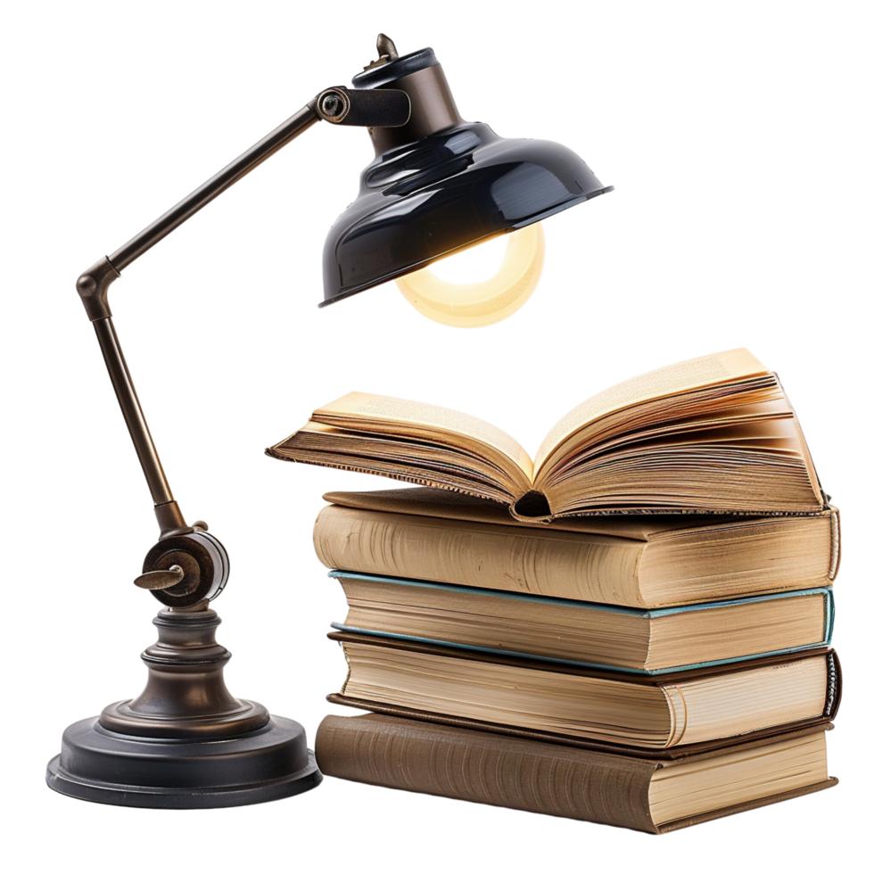 Elegant Desk Lamp Illuminating Open Textbooks, Isolated on Transparent Background png