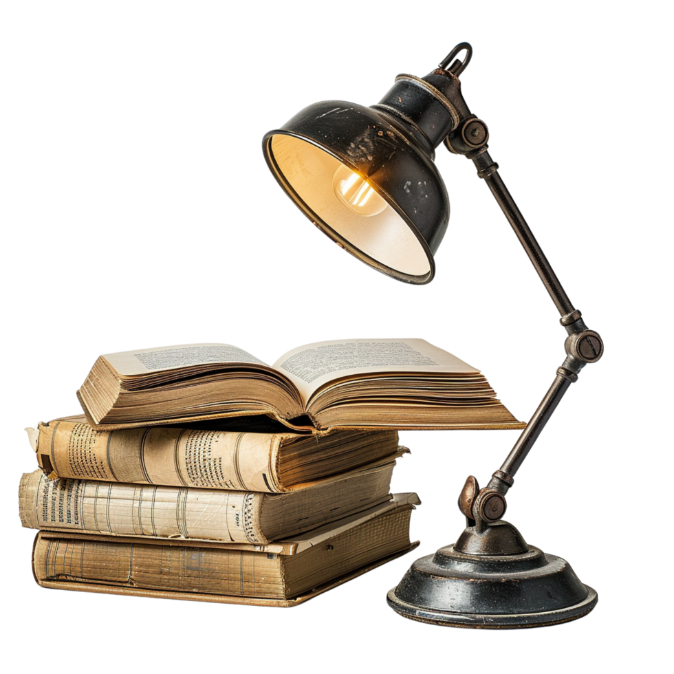 Retro Desk Lamp Casting Light on Open Books, Isolated on Transparent Background png
