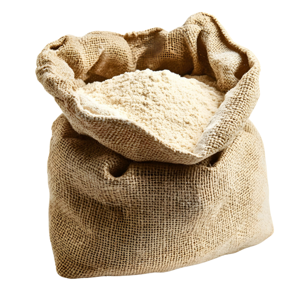 Organic Wheat Flour in Rustic Burlap Sack, Isolated on Transparent Background png