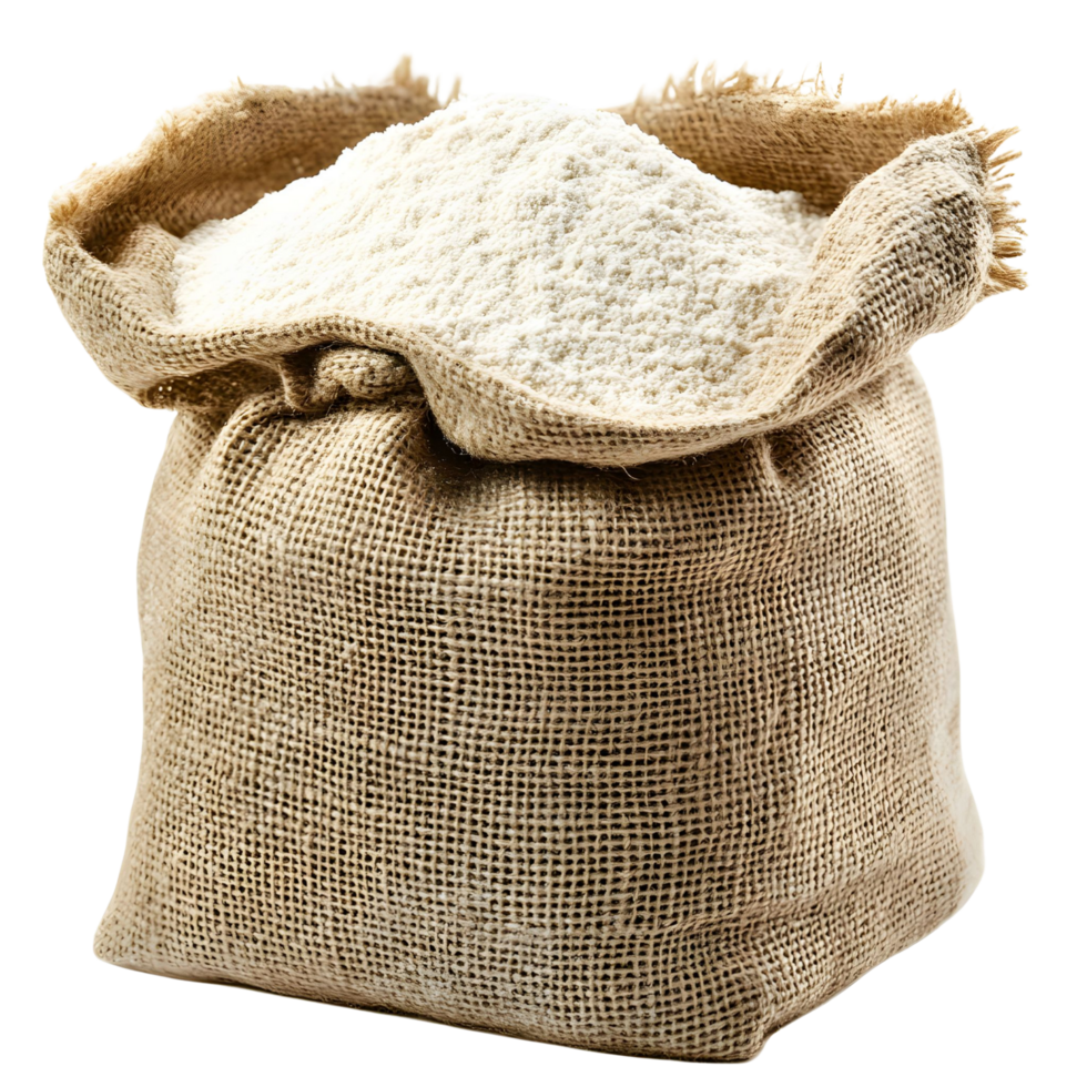 Fine White Flour in Textured Burlap Sack, Isolated on Transparent Background png