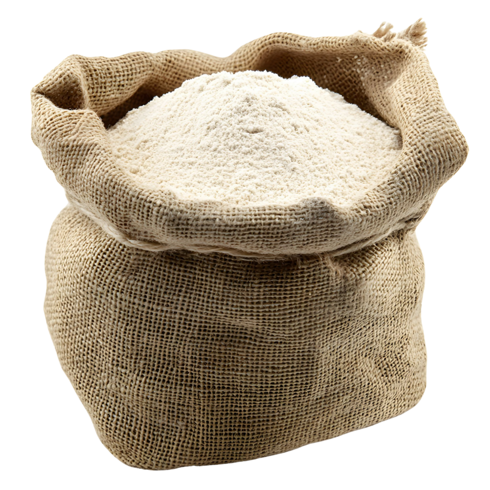 Rustic Burlap Sack Filled with Wheat Flour, Isolated on Transparent Background png
