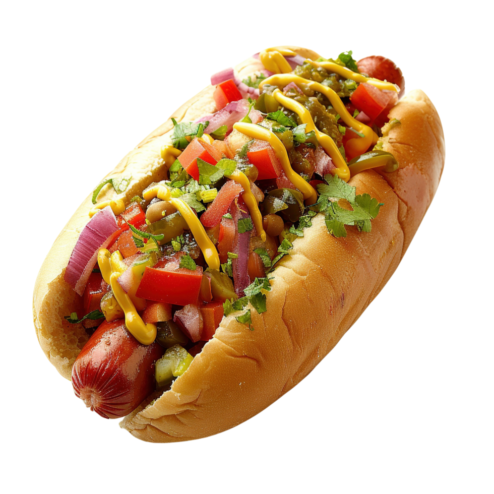 saftig heiß Hund mit knusprig Zwiebeln und Gurken auf Brötchen isoliert ...