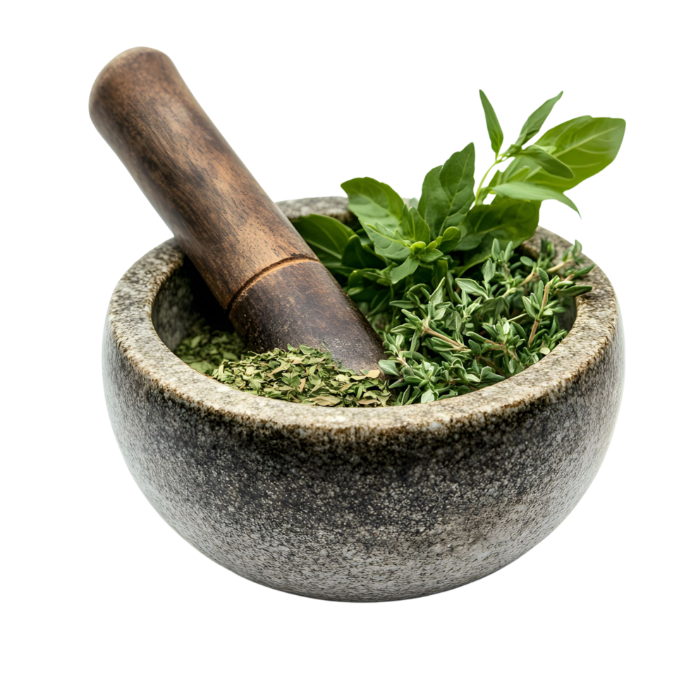 Stone Mortar and Pestle with Fragrant Herbal Blends Isolated on Transparent Background png