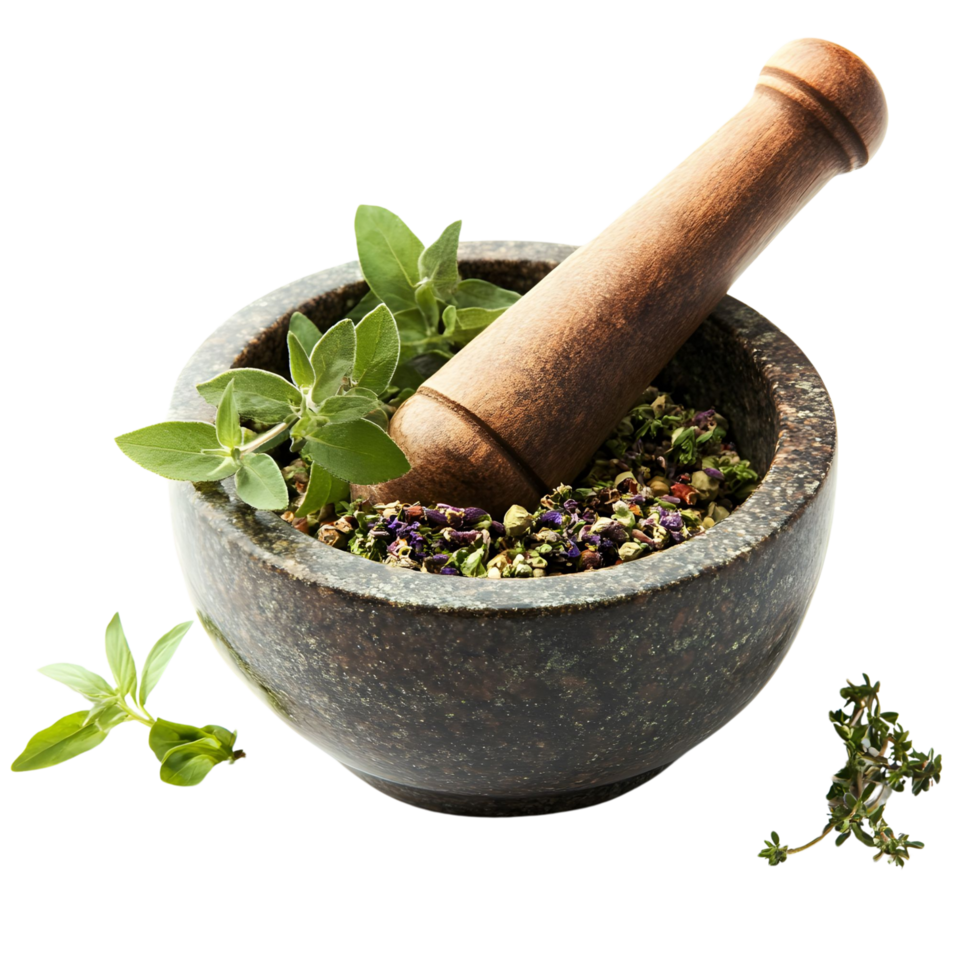 Traditional Herbal Mortar and Pestle with Mixed Spices Isolated on Transparent Background png