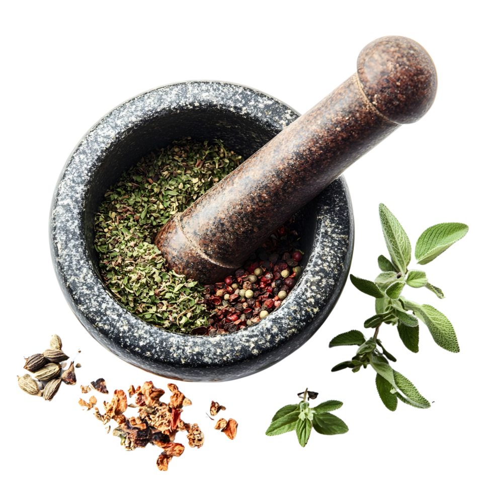 Rustic Mortar and Pestle with Crushed Herbs and Spices Isolated on Transparent Background png