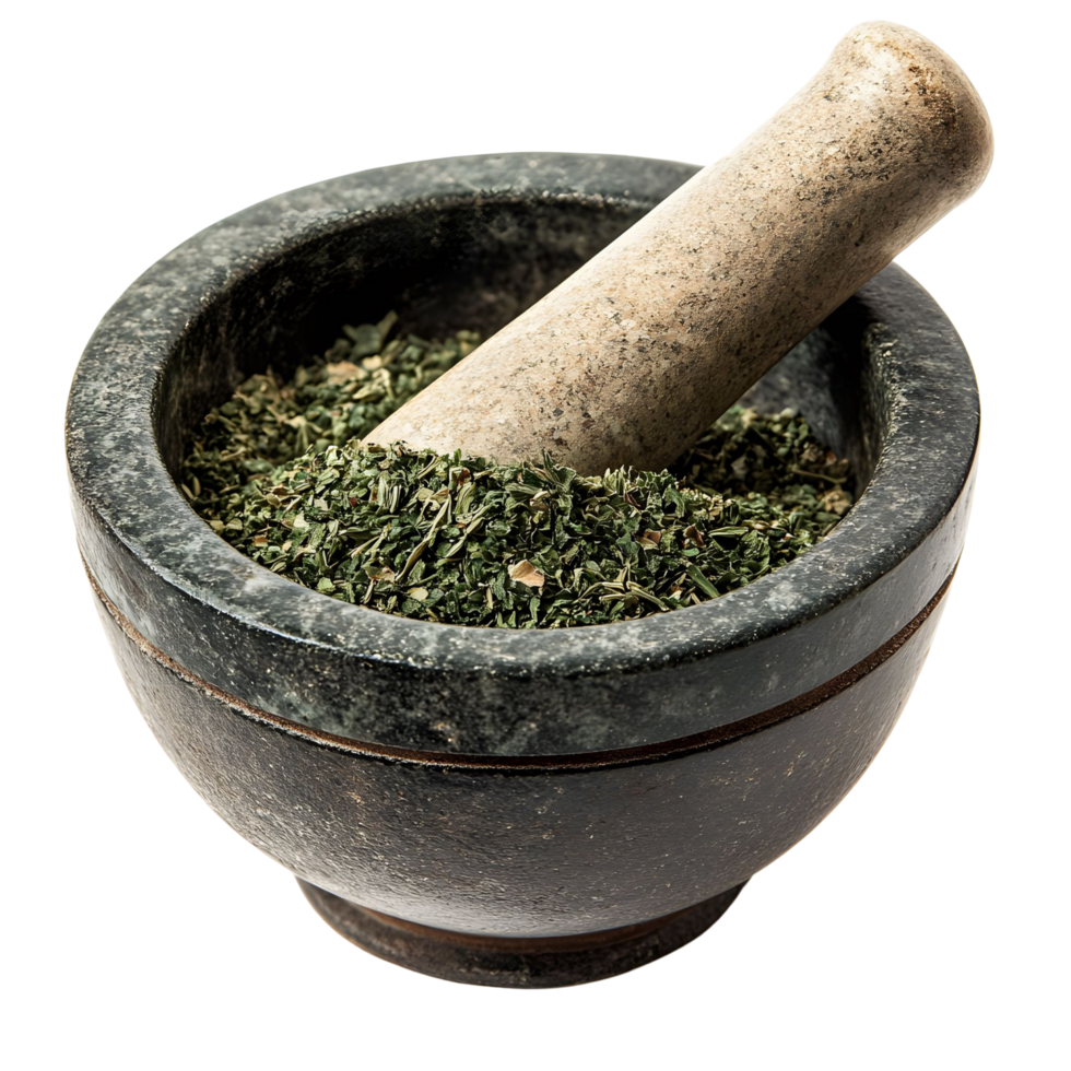 Stone Mortar and Pestle with Dried and Fresh Herbs Isolated on Transparent Background png