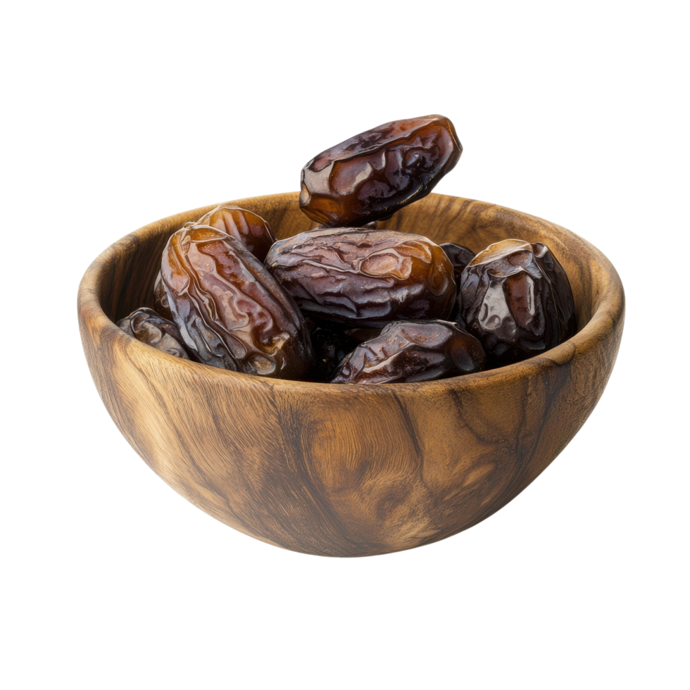 Rustic Wooden Bowl of Shiny Dried Dates, Sweet and Nutritious, Isolated on Transparent Background png