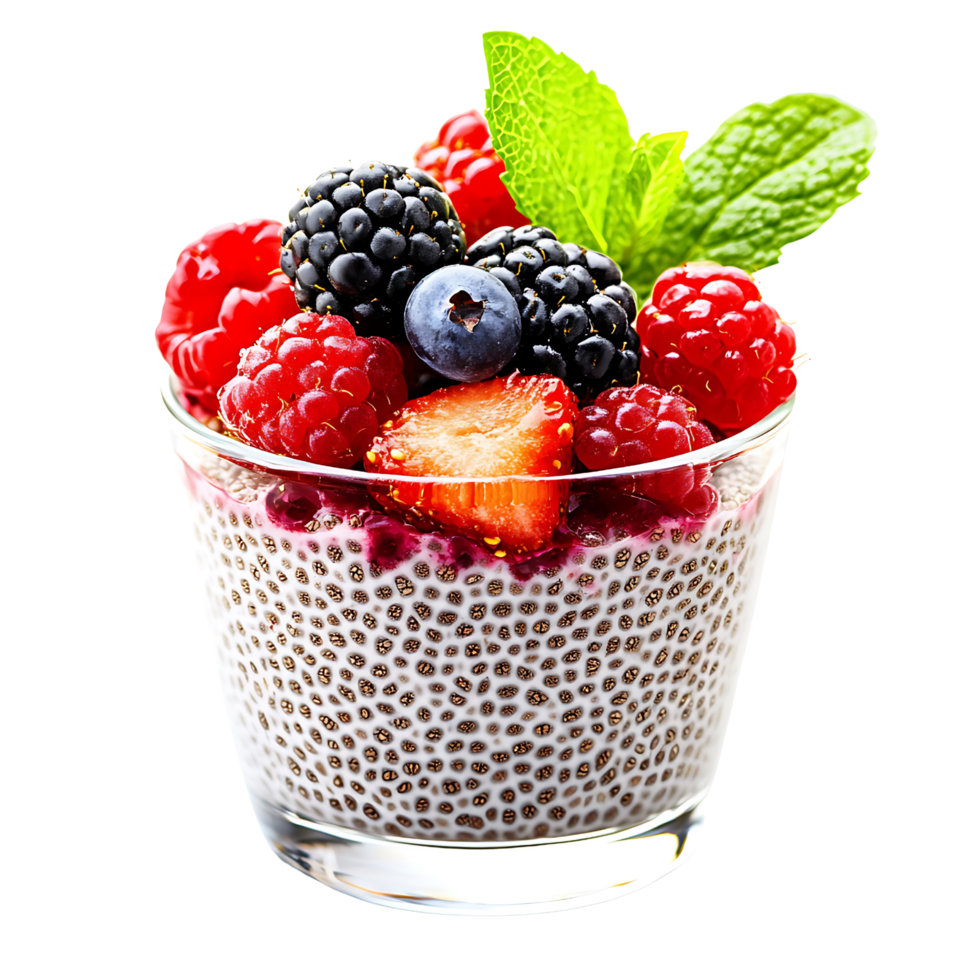 Delicious Chia Seed Pudding with Fresh Berries Isolated on Transparent Background png