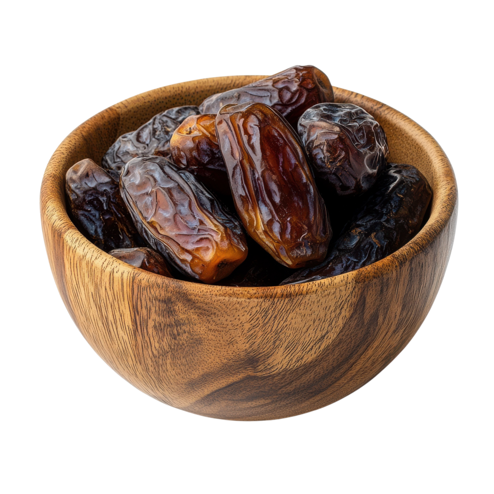Shiny Dried Dates in a Rustic Wooden Bowl, Sweet and Nutritious, Isolated on Transparent Background png