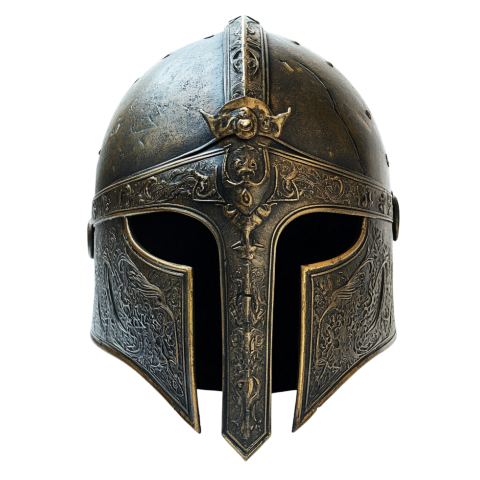 Antique Warrior Helmet with Ornate Details, Front View Isolated on Transparent Background png
