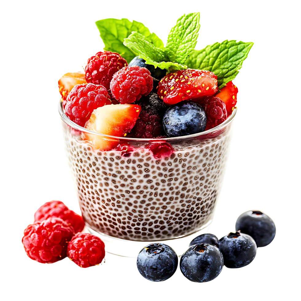 Fresh Chia Pudding with Mint and Berries Isolated on Transparent Background png