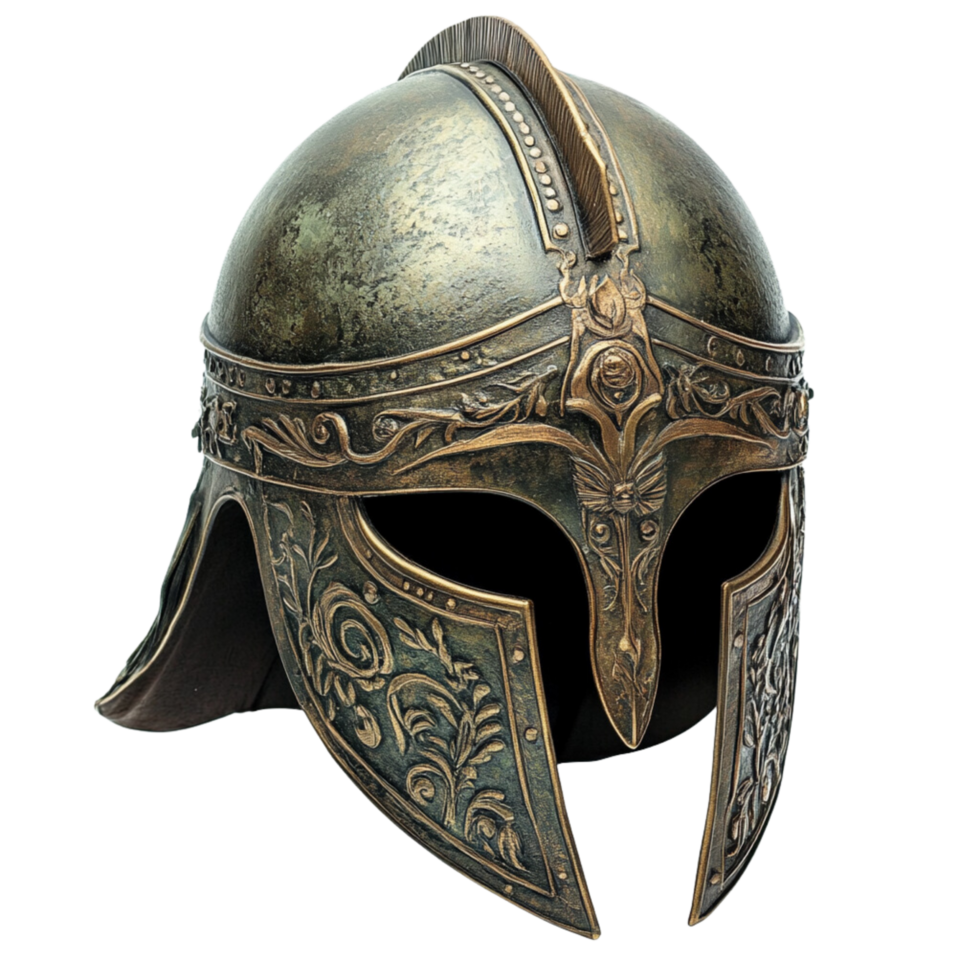 Medieval Combat Helmet with Engraved Metal Design Isolated on Transparent Background png