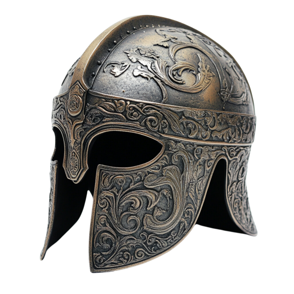 Handcrafted Medieval Battle Helmet with Unique Carvings Isolated on Transparent Background png
