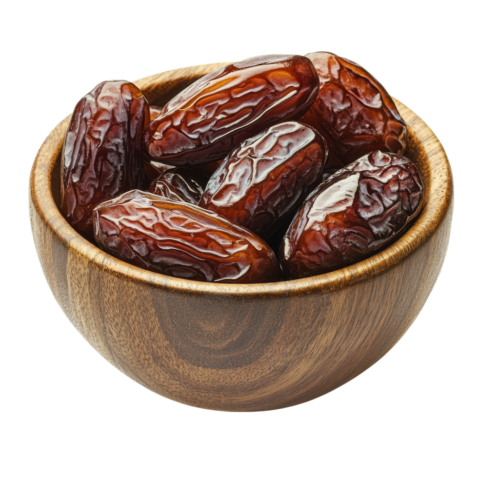 Beautiful Rustic Wooden Bowl of Fresh Dried Dates, Delicious and Healthy, Isolated on Transparent Background png