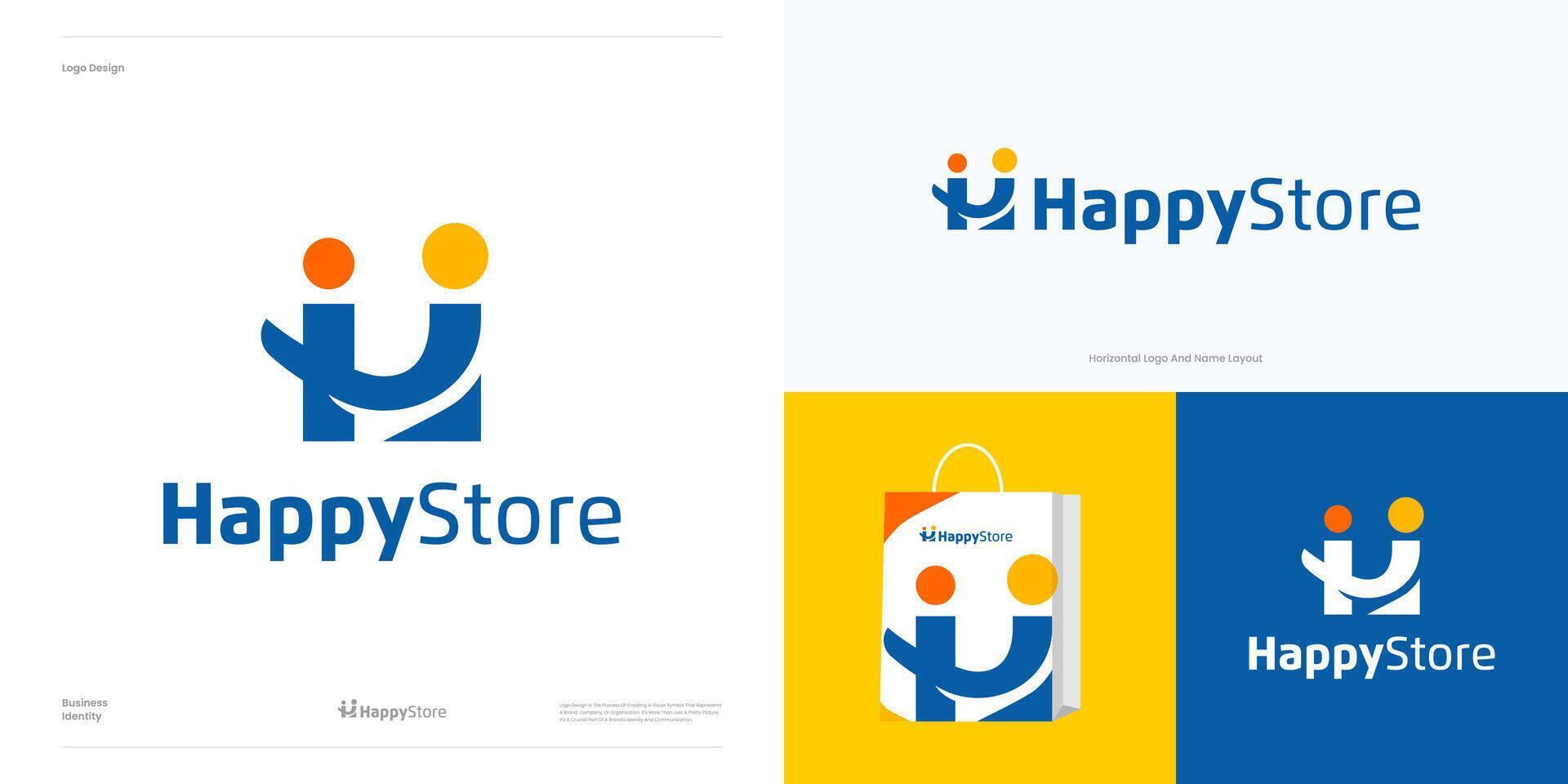 Happy store logo icon design, smile with initial letter H for e commerce and store logo or shop logo, simple playful symbol H with people connection and hub illustration templates. vector