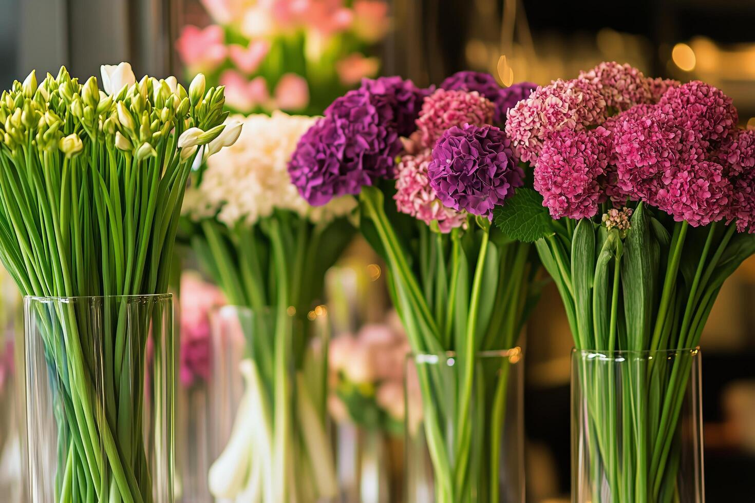 Vibrant Flower Arrangements Displayed in Clear Vases at a Floral Shop in the Afternoon Light photo