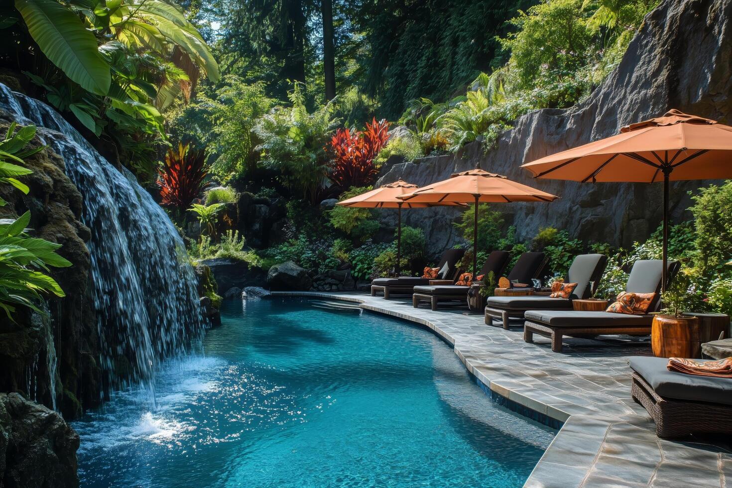 Resort Pool With Waterfall and Sun Loungers Surrounded by Tropical Plants in a Sunny Location photo