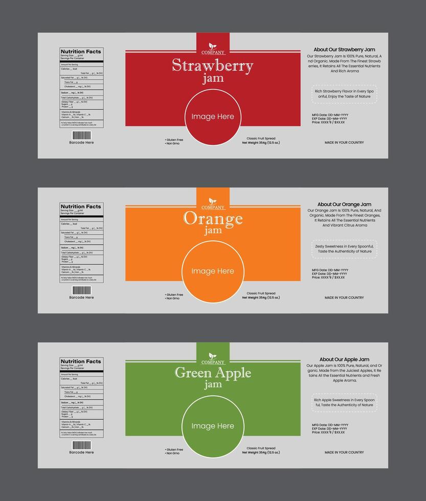 Strawberry, Orange and Green Apple Jam Jar Label Template vector