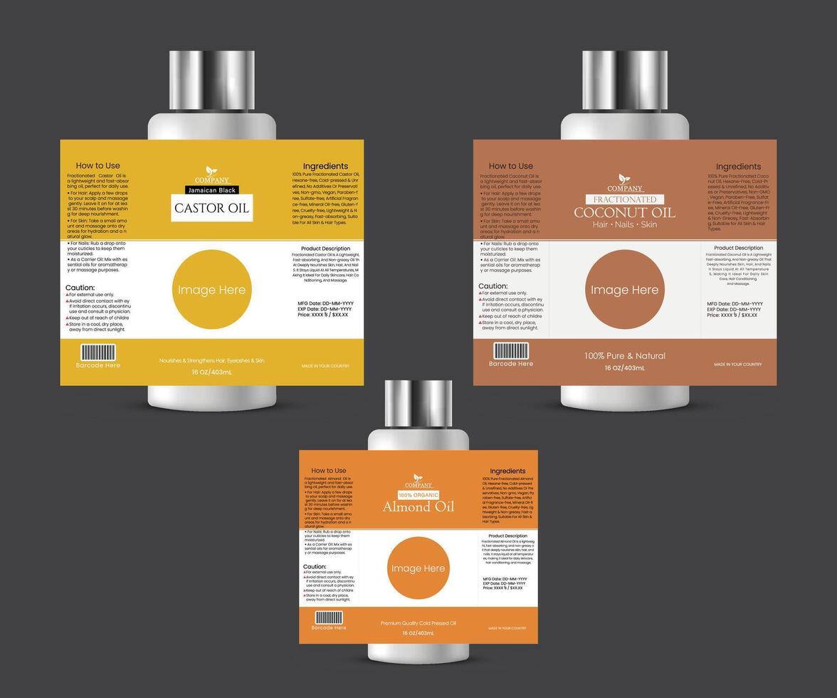 Oil Label Design Template for Castor Oil, Coconut Oil, and Almond Oil vector