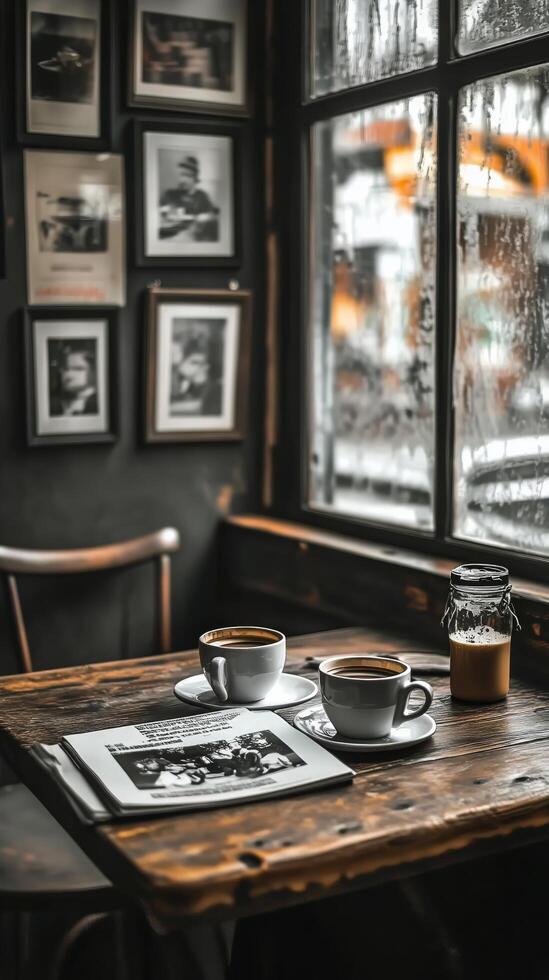 Cozy Cafe Corner With Coffee and a Newspaper in a Rustic Setting During the Morning photo