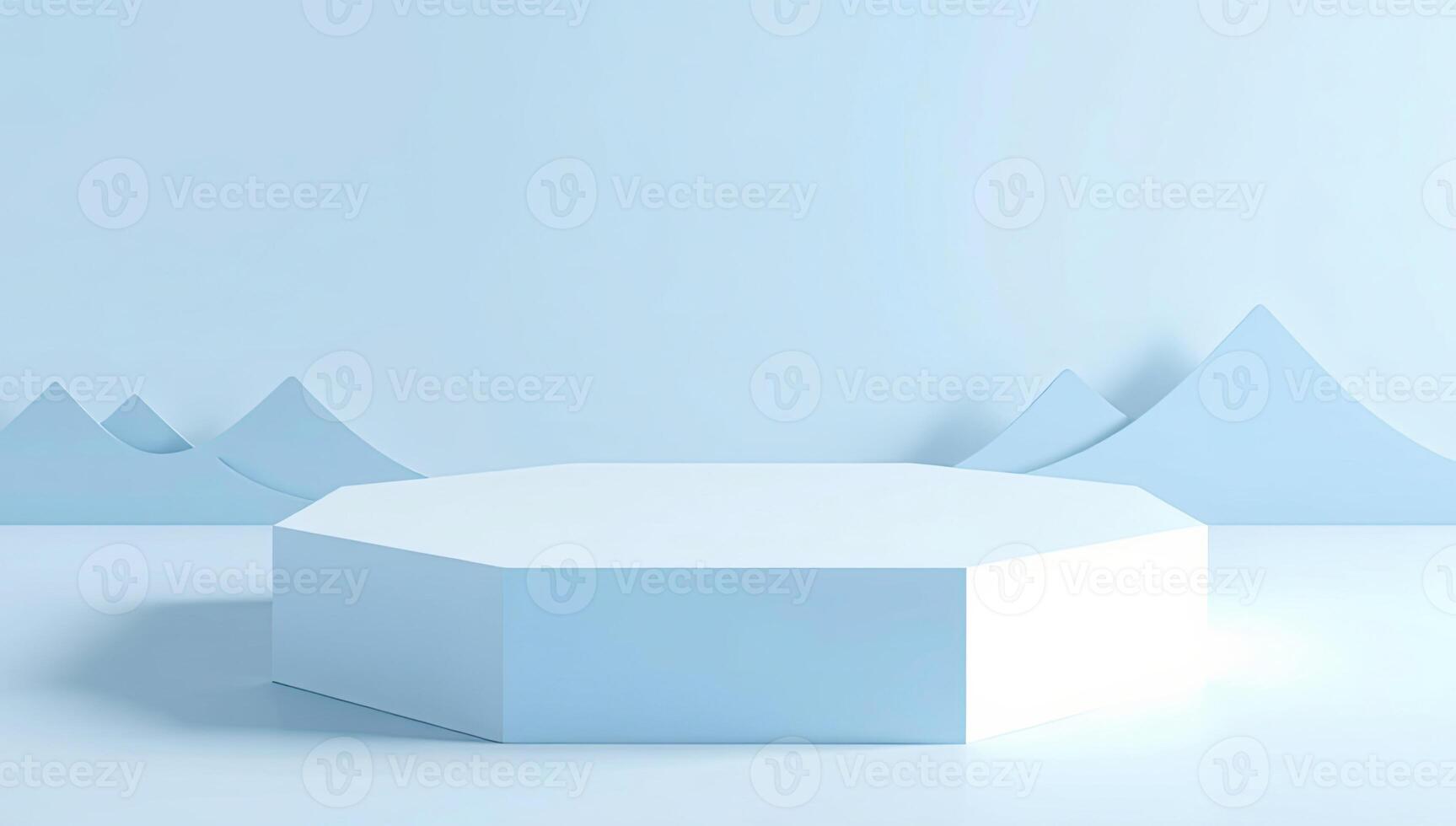 Abstract Background Image with Hexagon Podium and Mountain Silhouettes in Pastel Blue photo