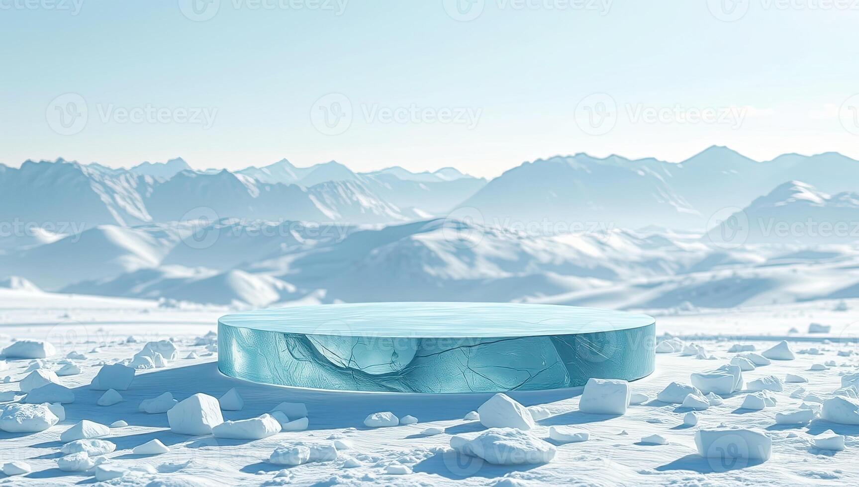 Minimalist Hexagon Podium Background Image with Mountain Shapes in a Light Blue Palette photo
