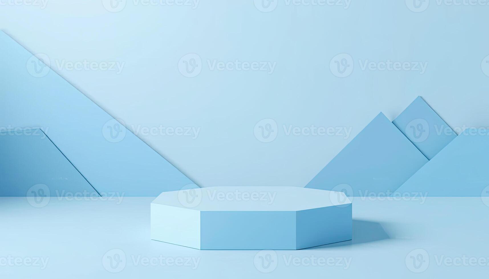 Serene Background Image of Hexagon Podium and Mountain Shapes in a Light Blue Scene photo