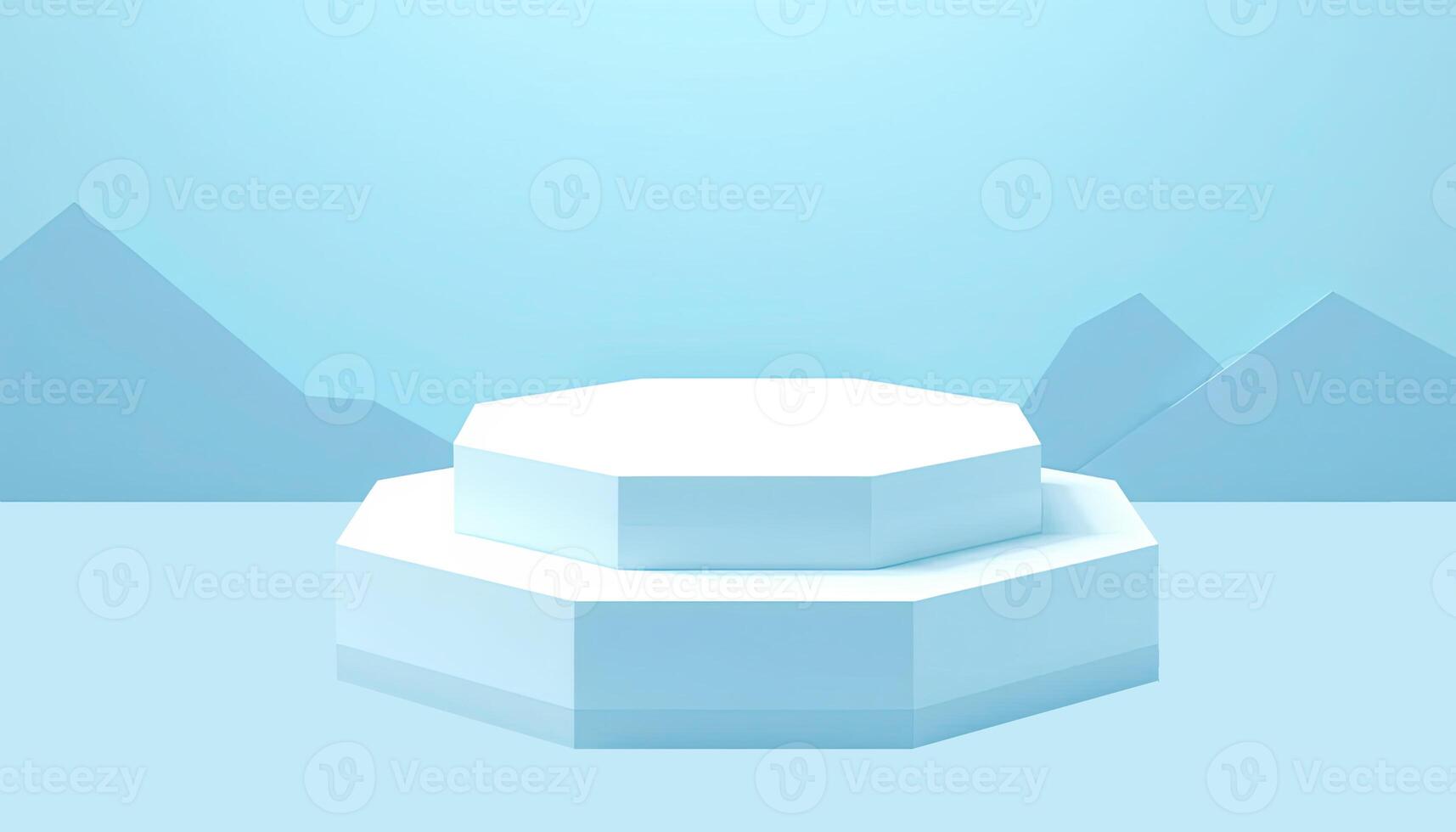 Background Design Featuring Hexagon Podium and Mountain Shapes on a Light Blue Surface photo