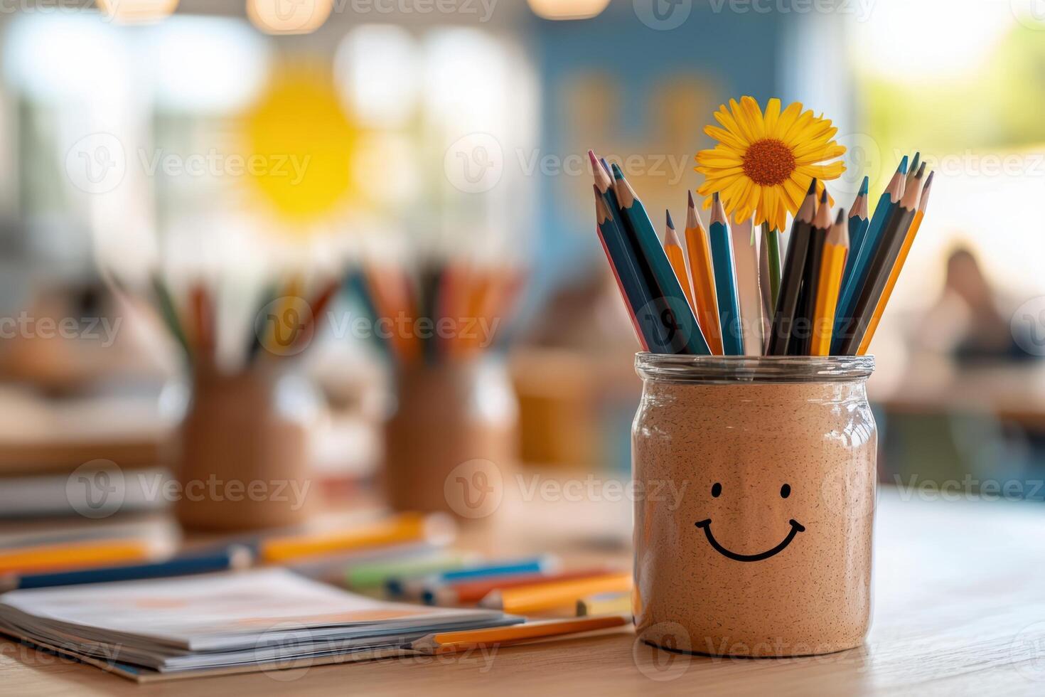 welcoming vibrant knowledge, sunlit backdrop of smiling students surrounded by exciting pencils and open books photo