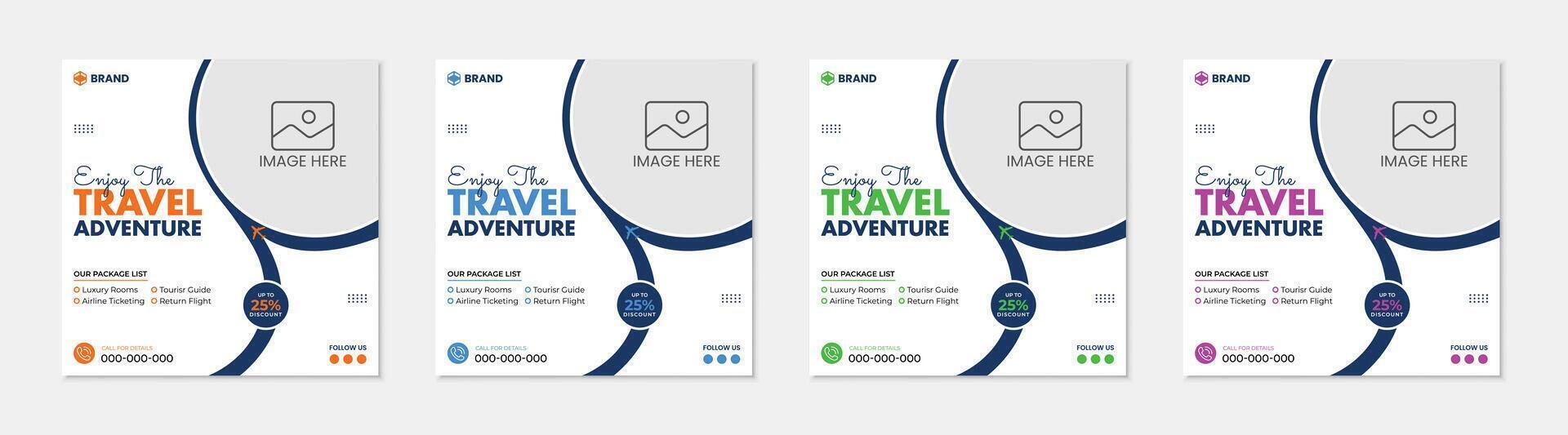 Set of square travel adventure social media post template premium . vector
