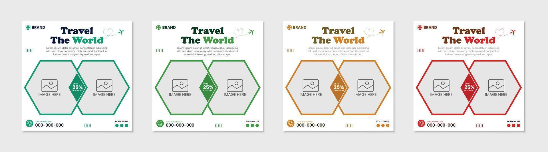 Set of travel adventure social media post template. vector
