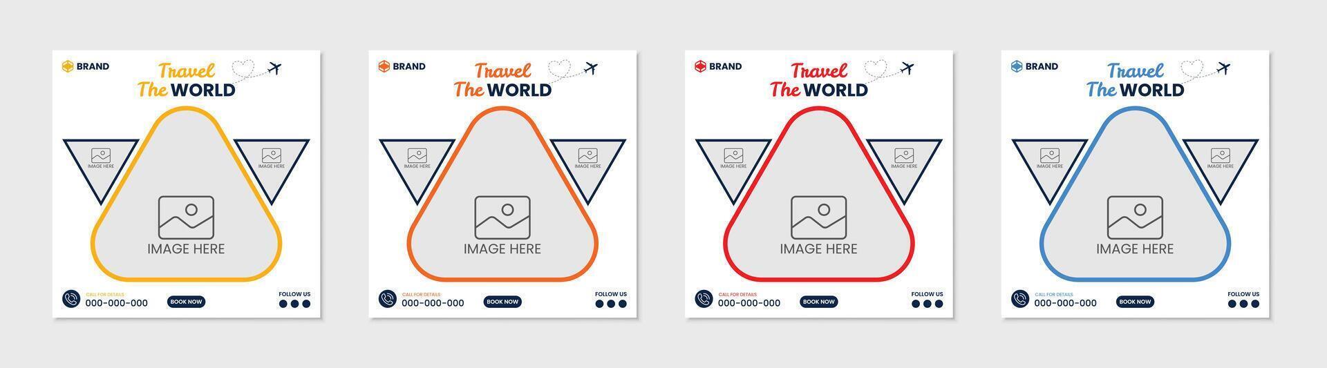 Set of travel adventure social media post template premium . holiday package trip and travel advertisement, sale, and business promotion theme with fresh design. vector