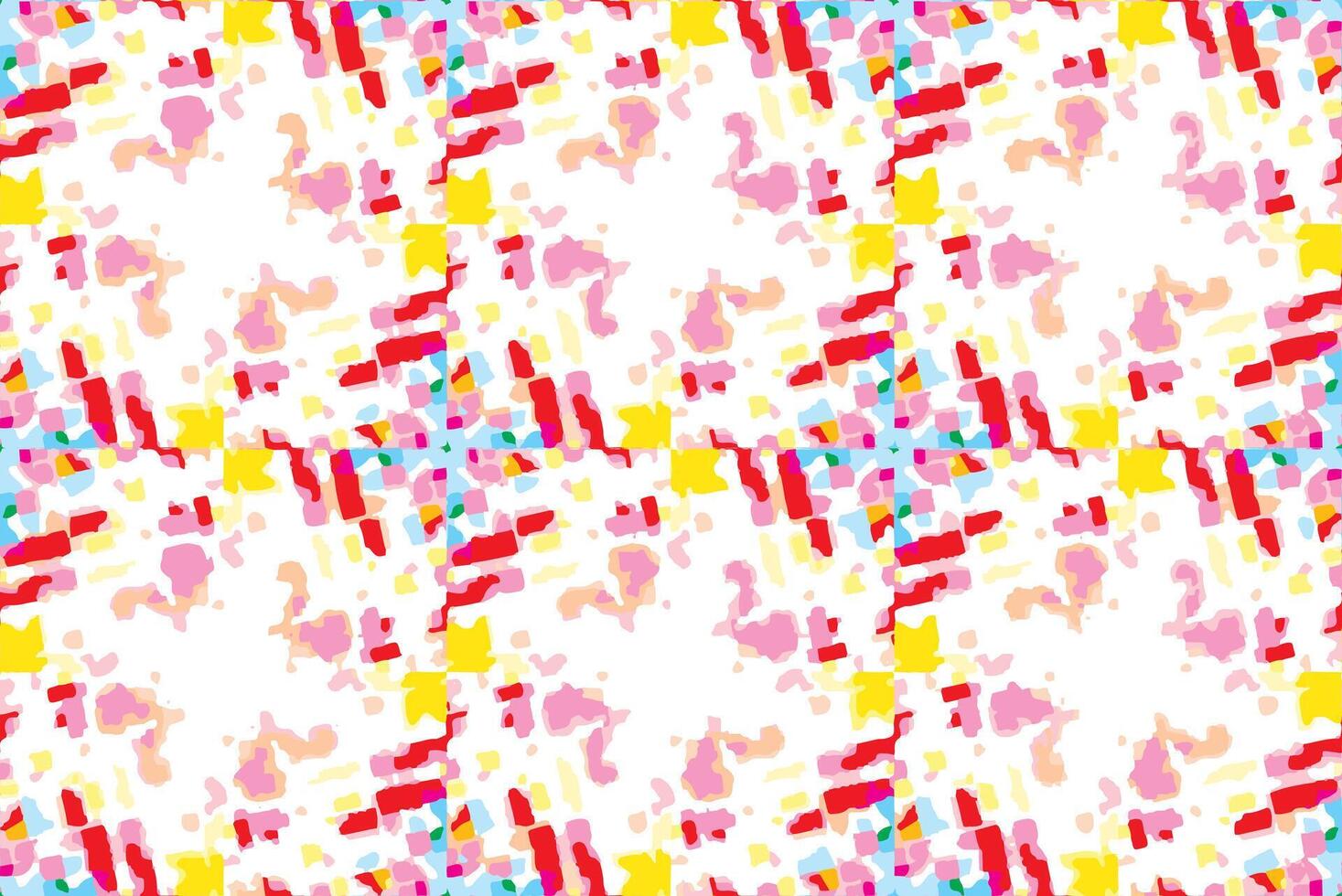 Abstract pattern with scattered, irregular shapes. Vibrant color palette including red, yellow, blue, and pink hues with white background. brushstroke-like elements. Dynamic composition vector