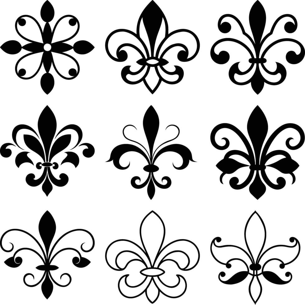 Black Fleur De Lis Design Elements Collection, Set of Nine Different Flourish Isolated vector