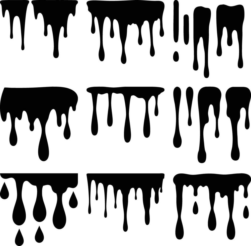 Black Drips Collection Ink, Paint, or Fluid Dripping Down Isolated on White vector