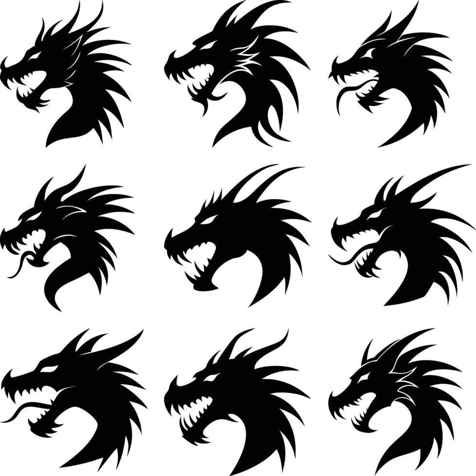 Silhouette Dragon Heads Collection, Fantasy Creature with Transparent Background vector