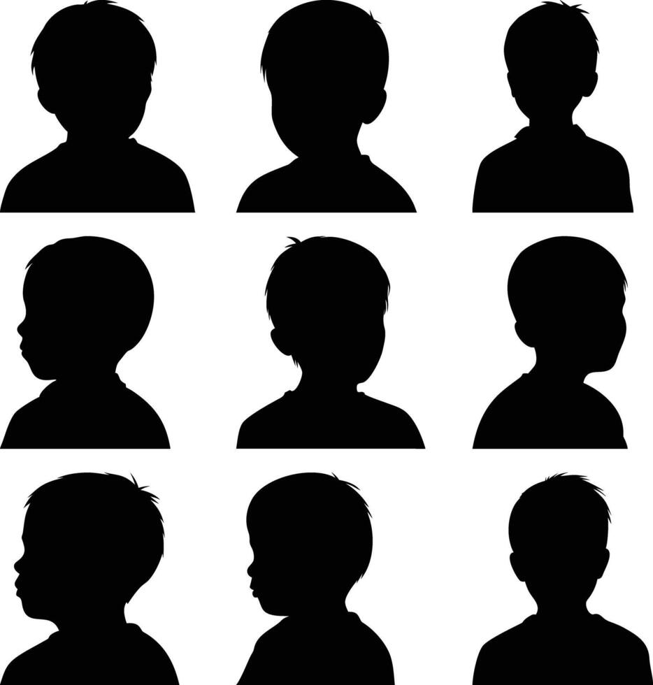Toddler Heads Silhouettes Set, Child Portraits Collection, Kids Profiles, Different Angles vector