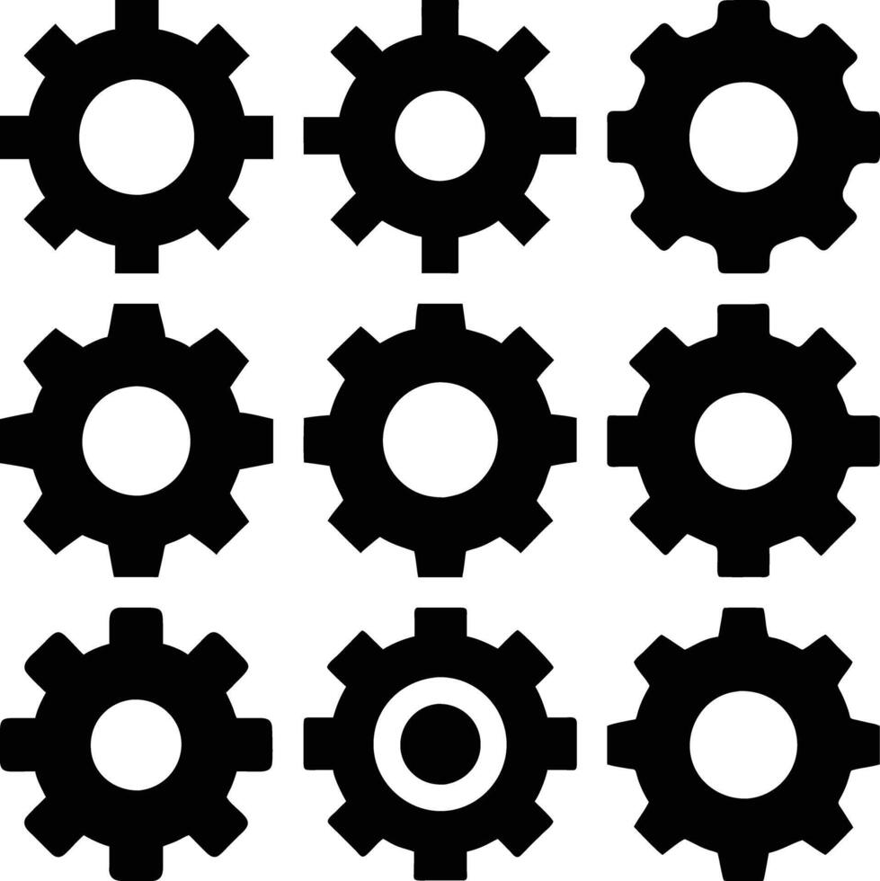 Gear Symbol Icons Black Cogwheel Design Set on White Nine Shapes Element vector