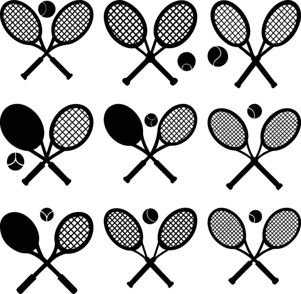 Black Silhouette of Crossed Tennis Rackets and Ball Icon on Transparent Background vector