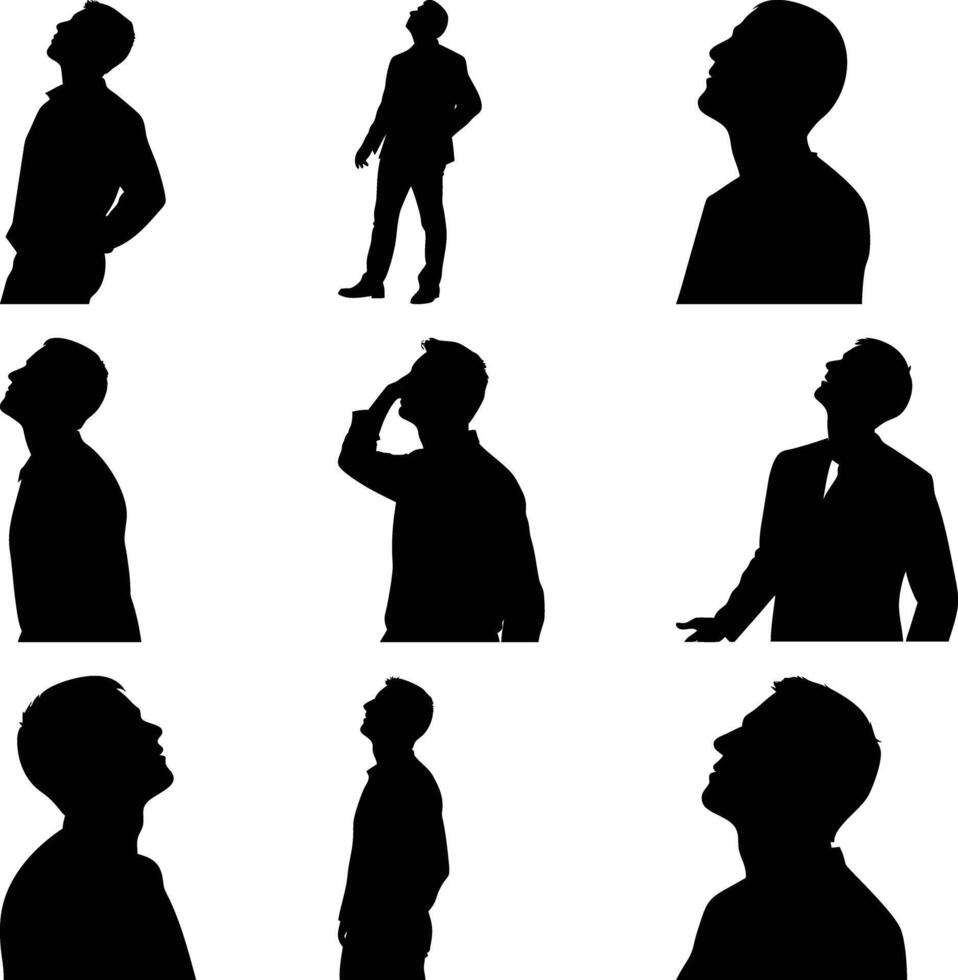 Man Silhouettes Looking Upward, Collection of Male Figures in Different Poses, Isolated vector