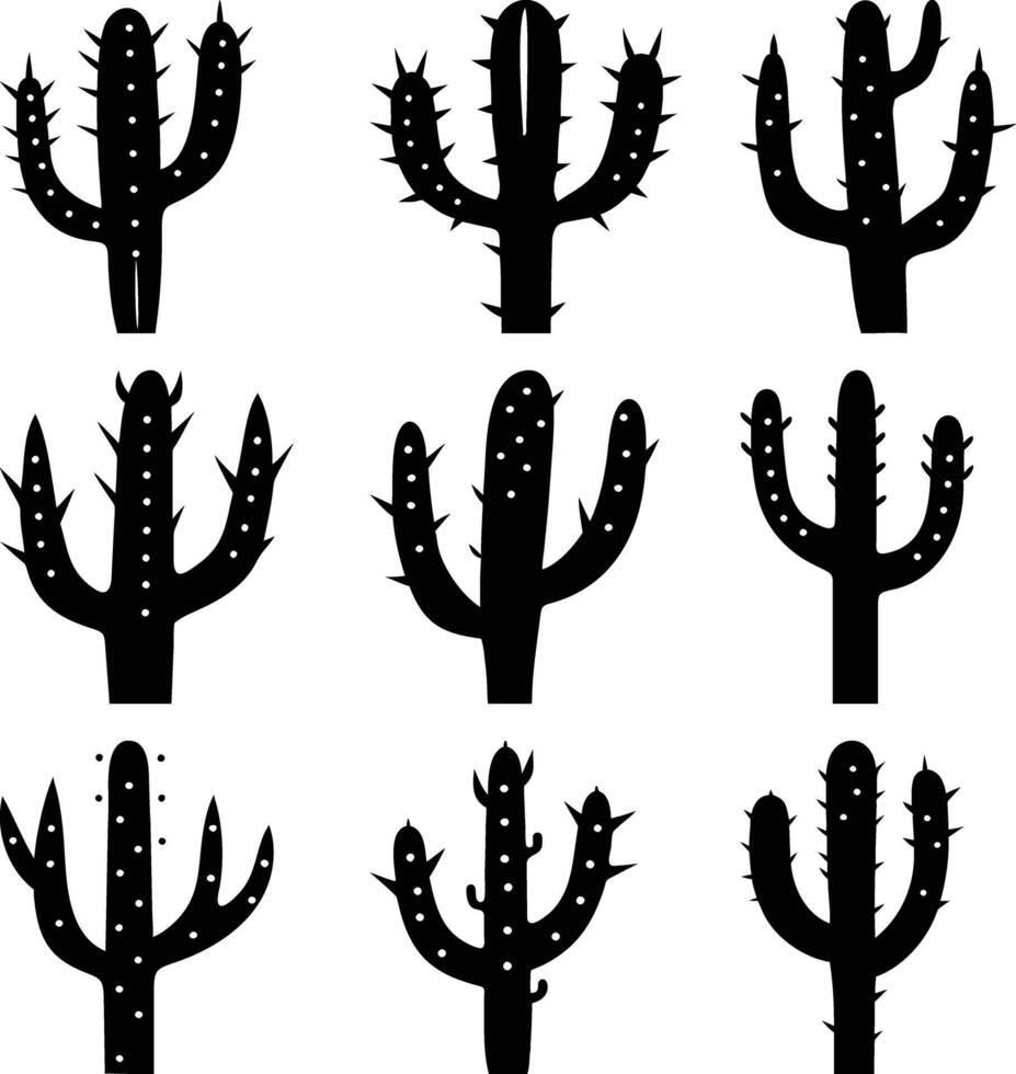 Nine Silhouetted Cactus Illustrations with Needles and Spots on Transparent Background vector