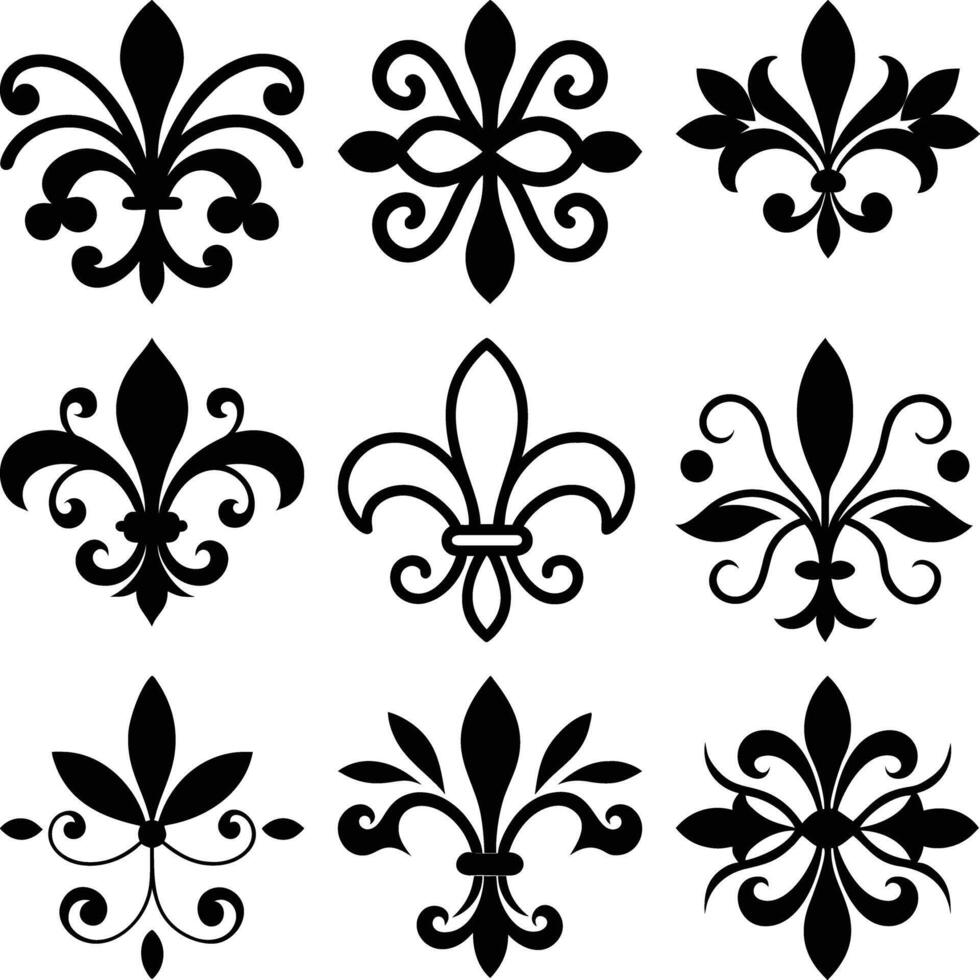 Fleurdelis Ornaments Set, Black Heraldic Lily Collection, Royal Symbols, French Element vector