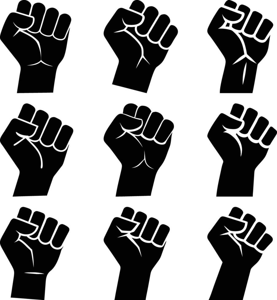 Set of Black Fists on Transparent Background Symbolizing Solidarity vector