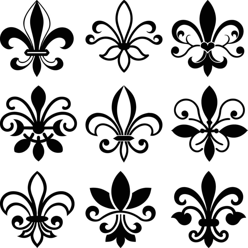 Fleurdelis Symbol Set, Stylized Lily, Heraldic Ornament, Royal Emblem, Black Silhouettes vector