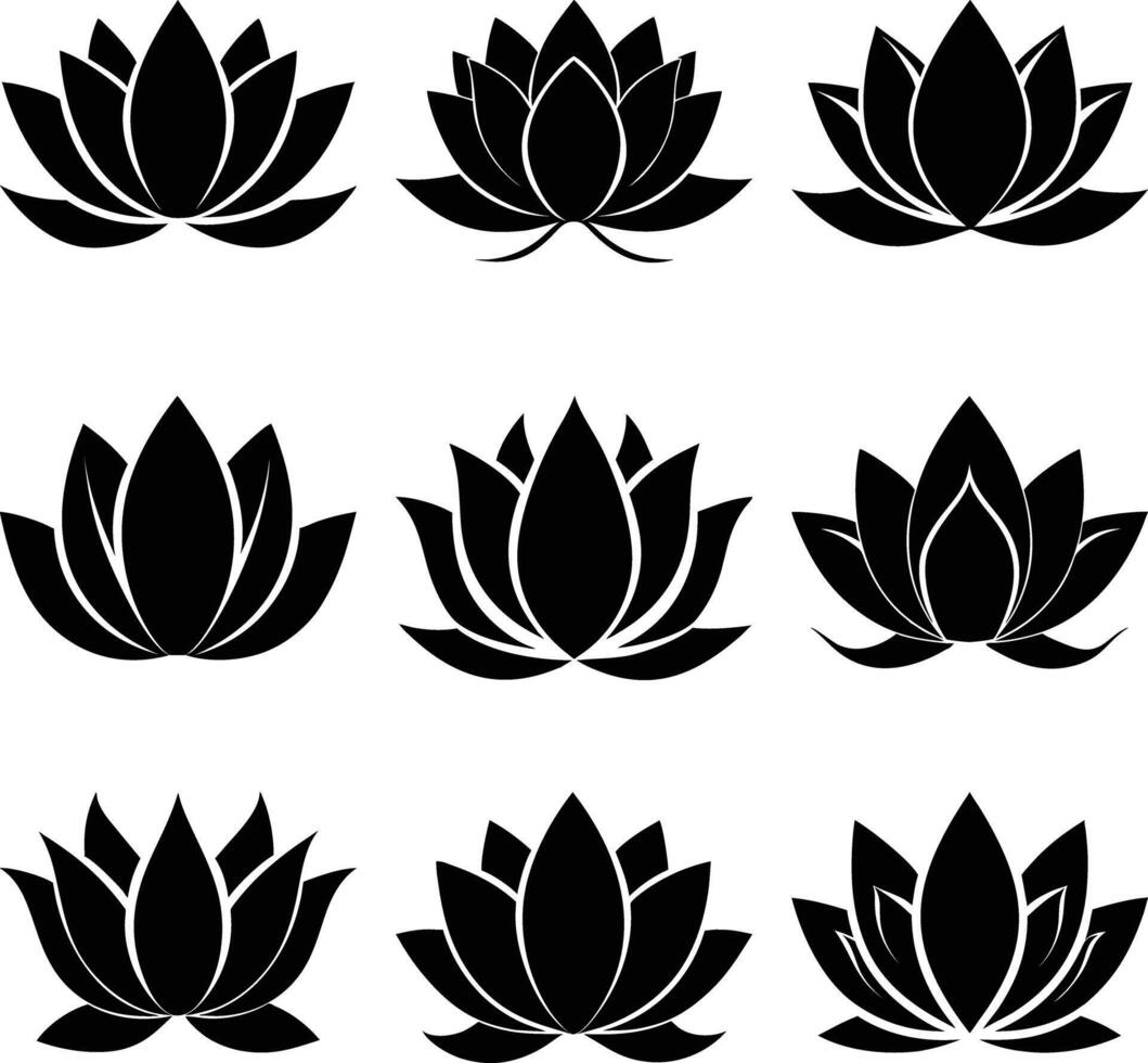 Collection of Nine Lotus Flower Silhouettes with Transparent Background Design vector