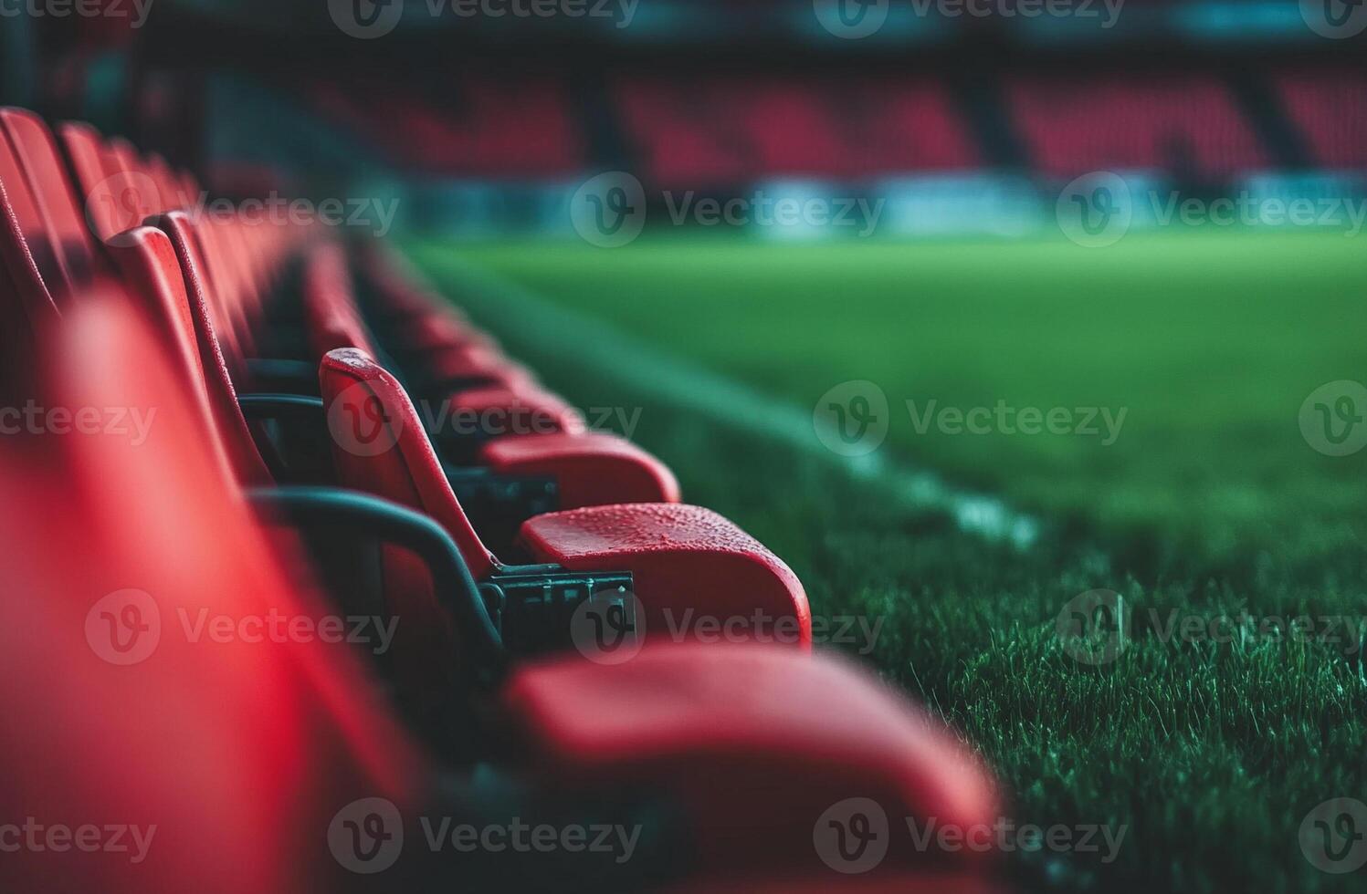 A well-maintained football field with bright stadium lights shining over the green turf. Ideal for sports photography, training visuals, and energetic football-themed projects. photo