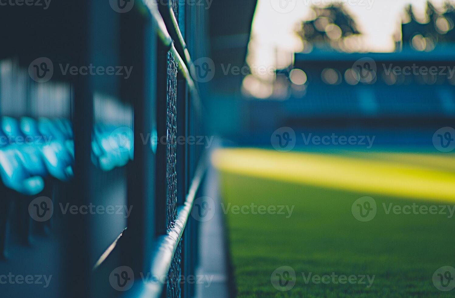 A well-maintained football field with bright stadium lights shining over the green turf. Ideal for sports photography, training visuals, and energetic football-themed projects photo