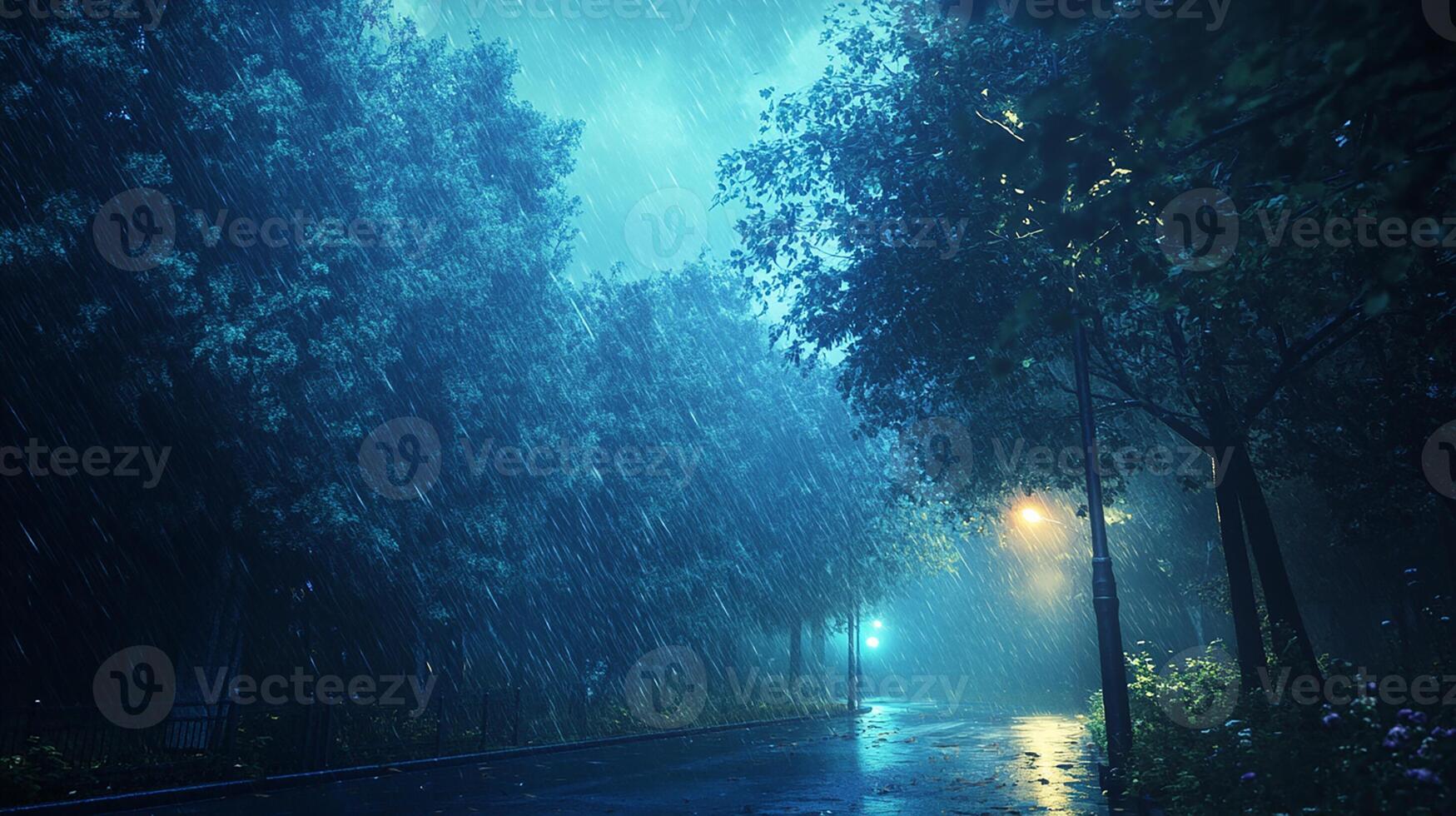 Moody Night Rainfall. Empty Street with Streetlights in the Storm photo